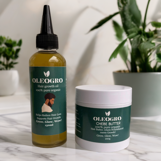 OLEOGRO hair growth oil bottle and chebe butter jar on a marble surface with plants in the background